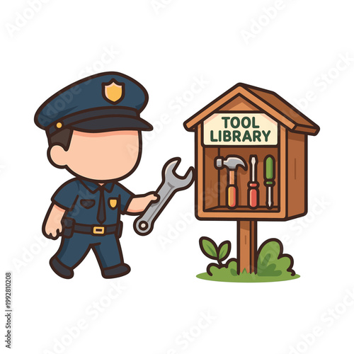 Policeman holding wrench near tool library sign