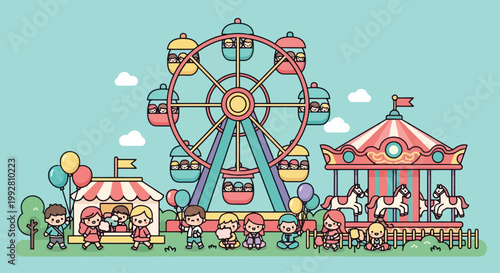Ferris wheel centerpiece with colorful cabins and lighting.