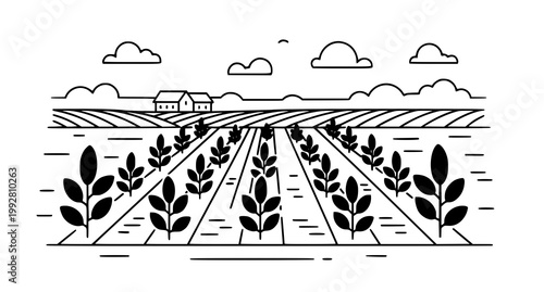 Minimalist black and white line art illustration showing agricultural field rows with small farmhouse silhouette in background for rural farming concept design projects