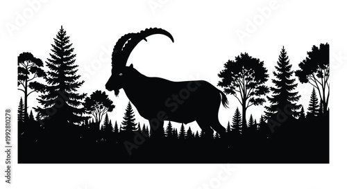 Silhouette depictions of ibex with curved horns in varying poses