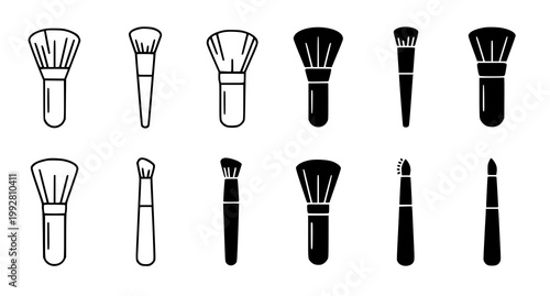 Comprehensive set of professional makeup brushes and cosmetic applicators in solid black and white silhouette vector illustration style for beauty website design