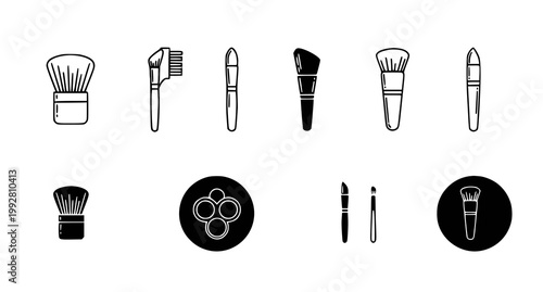 Collection of various makeup brushes and cosmetic tools in minimalist black and white flat vector illustration style for beauty salon and professional makeup branding