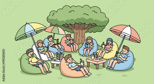 Group of People Relaxing Outdoors in a Park.