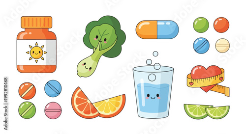 Health and nutrition icons featuring vitamins pills and fruits.