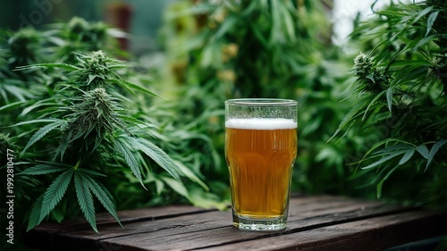 Cannabis Plant and Craft Beer, A glass of craft beer sits on a wooden stool beside a lush cannabis plant in a vibrant garden