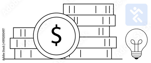 Financial concept. Coin stacks, dollar symbol, and light bulb financial growth and innovation. Financial ideas for savings, investment, business strategies, and economic planning. For fintech