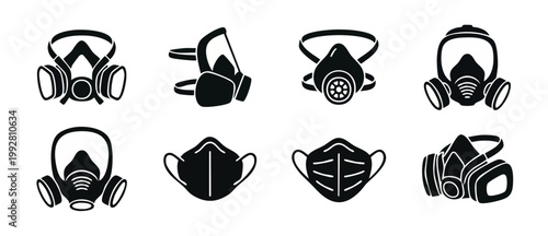 Respirator mask icon set vector illustration collection for respiratory protection and safety equipment featuring industrial gas masks, N95 face masks, and dust filtration gear for construction or med