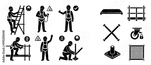 Construction Scaffolding Safety Icons Set, Worker Personal Protective Equipment Training Manual Illustrations, Industrial Site Hazards, Fall Protection Harness, Working at Heights Protocols, Workplace