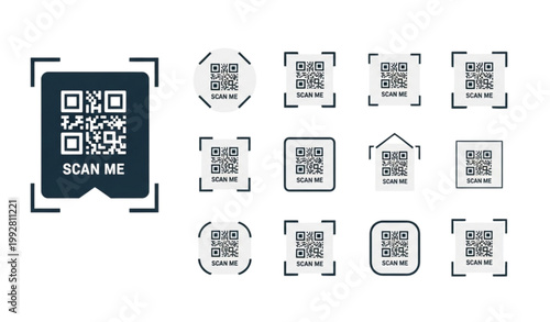 QR scanner label and QR code icon set with scan me symbols in modern flat vector style for mobile app and digital use isolated on white background