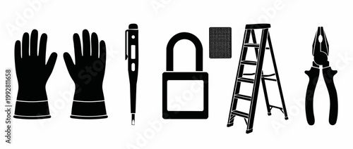 Construction tools icons set, manual equipment for building and renovation, isolated black silhouettes of protective gloves, padlock, stepladder, and pliers for DIY repairs and industrial hardware des