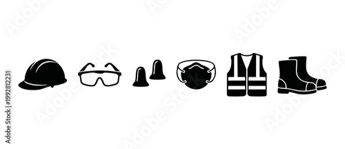 Personal Protective Equipment PPE Icons Set for Construction Site Safety and Industrial Workplace Protection - Hard Hat, Safety Goggles, Earplugs, Dust Mask, Reflective Vest, and Steel Toe Work Boots.
