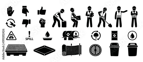 Industrial Safety Icons Set, Construction Worker Actions, Spill Containment and Environmental Hazard Symbols, Black Glyph Vector Collection for Workplace Health, Safety Management and Infrastructure C