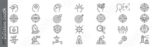 Focus, concentration, continuous progress and achievement icon set – editable outline symbols of goal setting, target, strategy, planning, motivation, success, strategic thinking and accomplishment