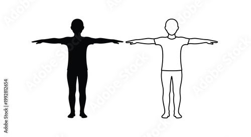 A contrasting depiction of a human figure is shown in both solid black and white line art styles