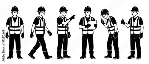 Construction worker set icons, industrial labor figures in safety vest and hard hat, set of vector characters in different poses for engineering project management, building site personnel silhouettes