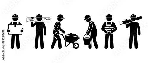 Construction workers icons set, manual labor and building activities with tools and materials. Black silhouette figures of staff working on construction site, engineering project and industrial mainte