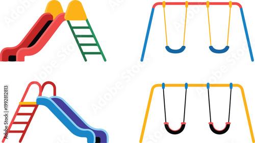 Playground equipment vector set with colorful slides and swing sets for school yard park and backyard kids play area design