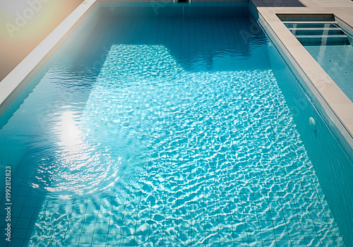 Clear blue swimming pool water with gentle sunlight reflection on surface in minimalist setting