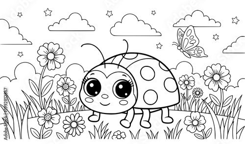 Cute ladybug in garden coloring page for children with flowers and flying butterfly