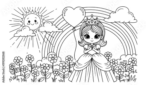 Little princess holding heart balloon in flower field with rainbow and smiling sun coloring page