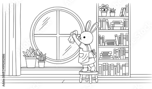 Cute rabbit cleaning window in home library with bookshelves and potted plants coloring page