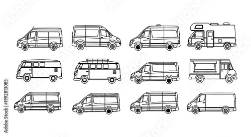 Collection of various van types displayed as simple line art illustrations