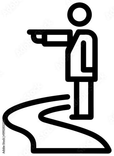 Conceptual line art icon representing a mentor figure guiding with a pointing gesture towards a clear path forward symbolizing direction advice and career development