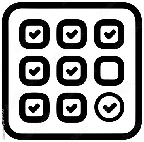 Minimalist black and white line art icon representing a skill assessment matrix or evaluation grid with checkmarks indicating completion and one empty square symbolizing progress