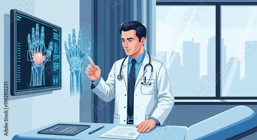 Doctor analyzing hand x-ray hologram with digital technology in modern clinic