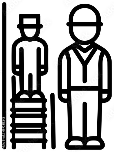 Clean line art icon representing professional development and career advancement depicting a smaller figure standing on stacked boxes ascending towards a larger more established