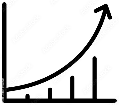 Simple line art icon representing upward growth and positive progress with a rising curve graph and increasing bar chart elements symbolizing success and development in business