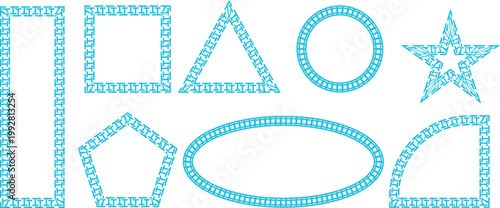 Set of cyan geometric shapes with patterned borders including a rectangle square triangle circle star pentagon oval and a quarter circle isolated on a white background