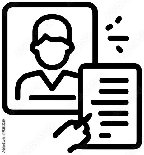 Conceptual line art icon symbolizing feedback and evaluation depicting a person silhouette in a profile frame alongside a document with written text and a hand holding a pen