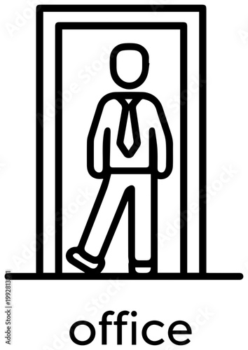 Minimalist line art icon depicting a stylized person in business attire stepping through an open doorway symbolizing opportunity new beginnings and career progression in a clean