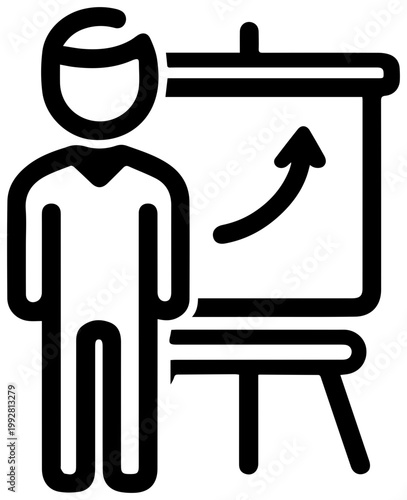 Minimalist line icon of a business person silhouette presenting a growing upward arrow graph on a whiteboard easel symbolizing success strategy and financial growth in a clean