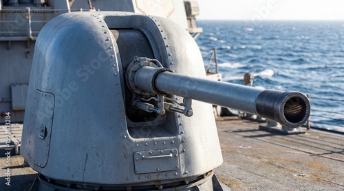 A large naval gun turret stands ready on a ship at sea.