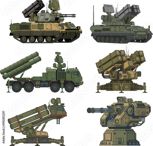 Ground base interceptor collection featuring pixel art military air defense systems, anti-aircraft guns, and surface-to-air missile launchers.