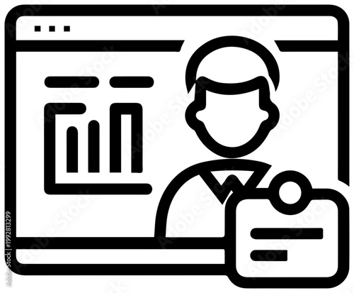 Modern flat line icon representing a business presentation or meeting with a chart on screen and a person standing next to a notepad symbolizing planning strategy and corporate