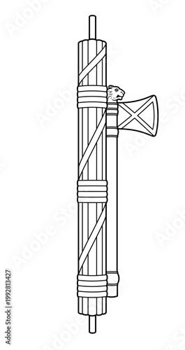Fasces, a bound bundle of wooden rods, with an axe. Ancient Roman symbol of absolute  power to punish subjects. Also a symbol of suppression, oppression, and to keep each one to stay in line. Vector