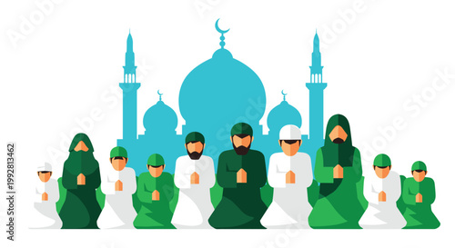 A diverse group of ten Muslim individuals dressed in green and white kneel in prayer before a grand blue mosque with multiple domes and minarets.