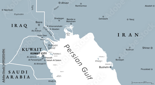 Head of the Persian Gulf, gray political map, with Kuwait, a country in West Asia and Middle East, in the edge of Arabian Peninsula, with Bubiyan Island, part of the Shatt al-Arab river delta. Vector