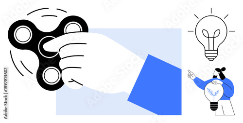 Stress relief, creativity, idea generation, focus, mindfulness, innovation. Hand spinning a fidget spinner beside a light bulb and a figure holding an illuminated idea. Creativity and idea generation