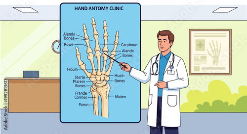 Doctor Explaining Hand Anatomy Diagram in Clinic