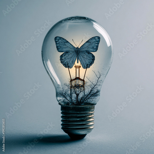 Creative light bulb design featuring butterfly and trees inside, symbolizing transformation and nature beauty