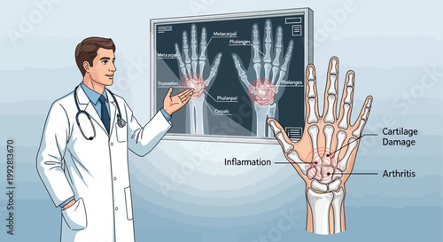 Doctor Explains Hand Arthritis and Cartilage Damage on X-ray and Anatomical Model