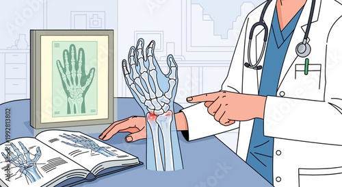 Doctor points to wrist x-ray showing carpal tunnel syndrome and anatomy book