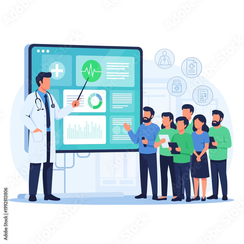Doctor presenting medical data on screen to attentive audience during healthcare seminar