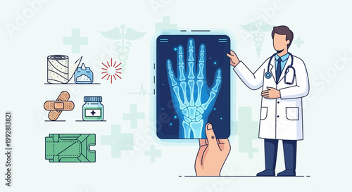 Doctor showing hand x-ray on smartphone, medical icons, healthcare concept