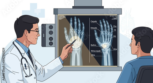 Doctor Shows Hand X-ray to Patient, Explaining Diagnosis and Treatment Plan