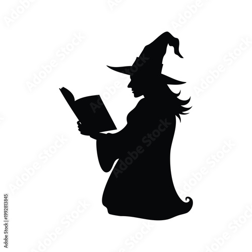 Mystical Witch Silhouette Reading Ancient Spell Book, Dark Fantasy Illustration, witch reading spell book silhouette vector illustration
